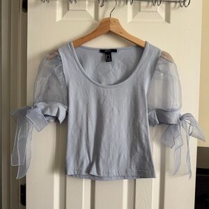 Light Blue Crop Top with Organza Ribbon Tie Puff Sleeve